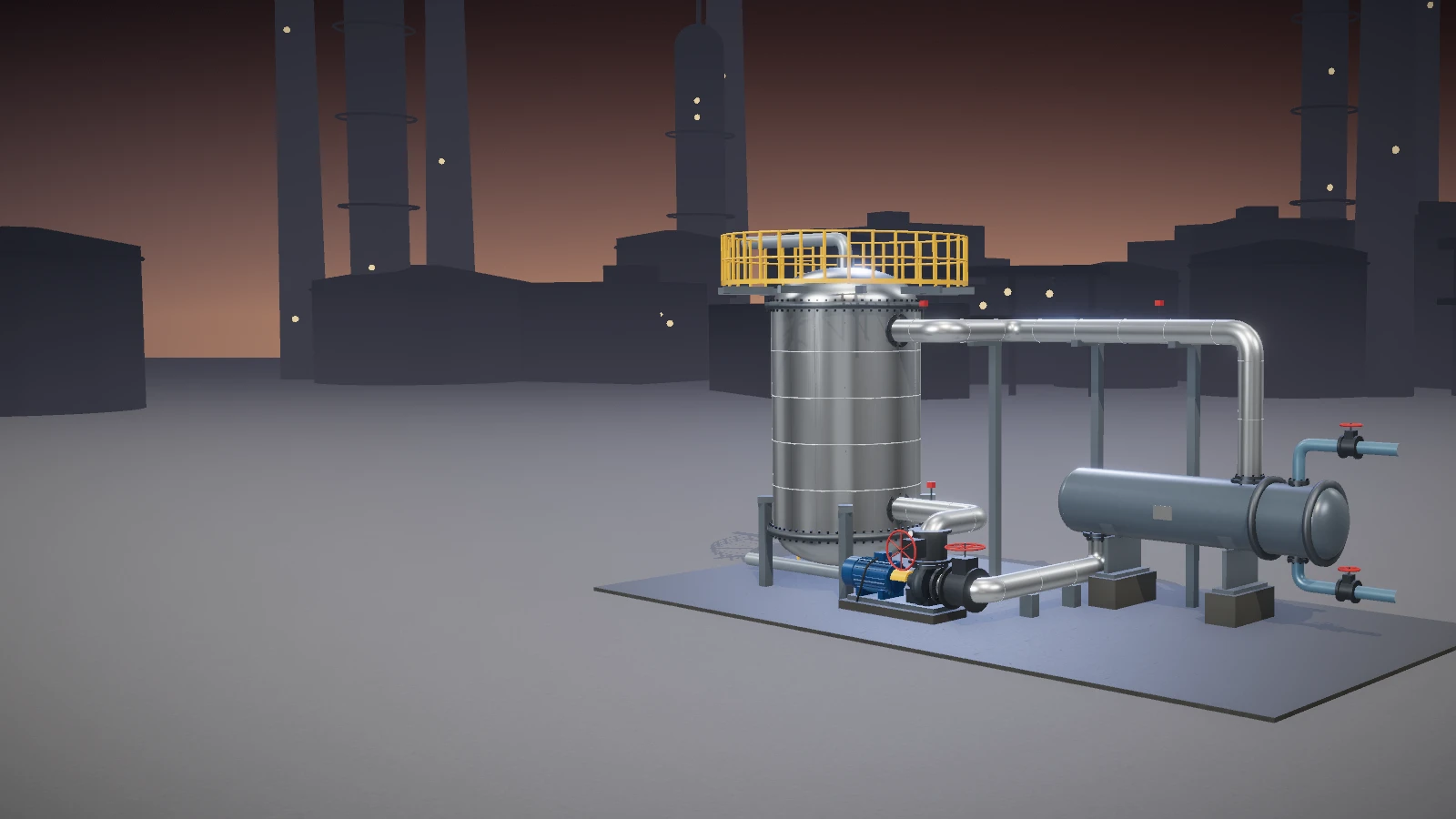 Rendered industrial heat-transfer loop: a tall insulated reactor with a top platform, aluminum-jacketed salt piping, a horizontal heat exchanger on saddles, and a motor-driven circulation pump on a concrete pad.