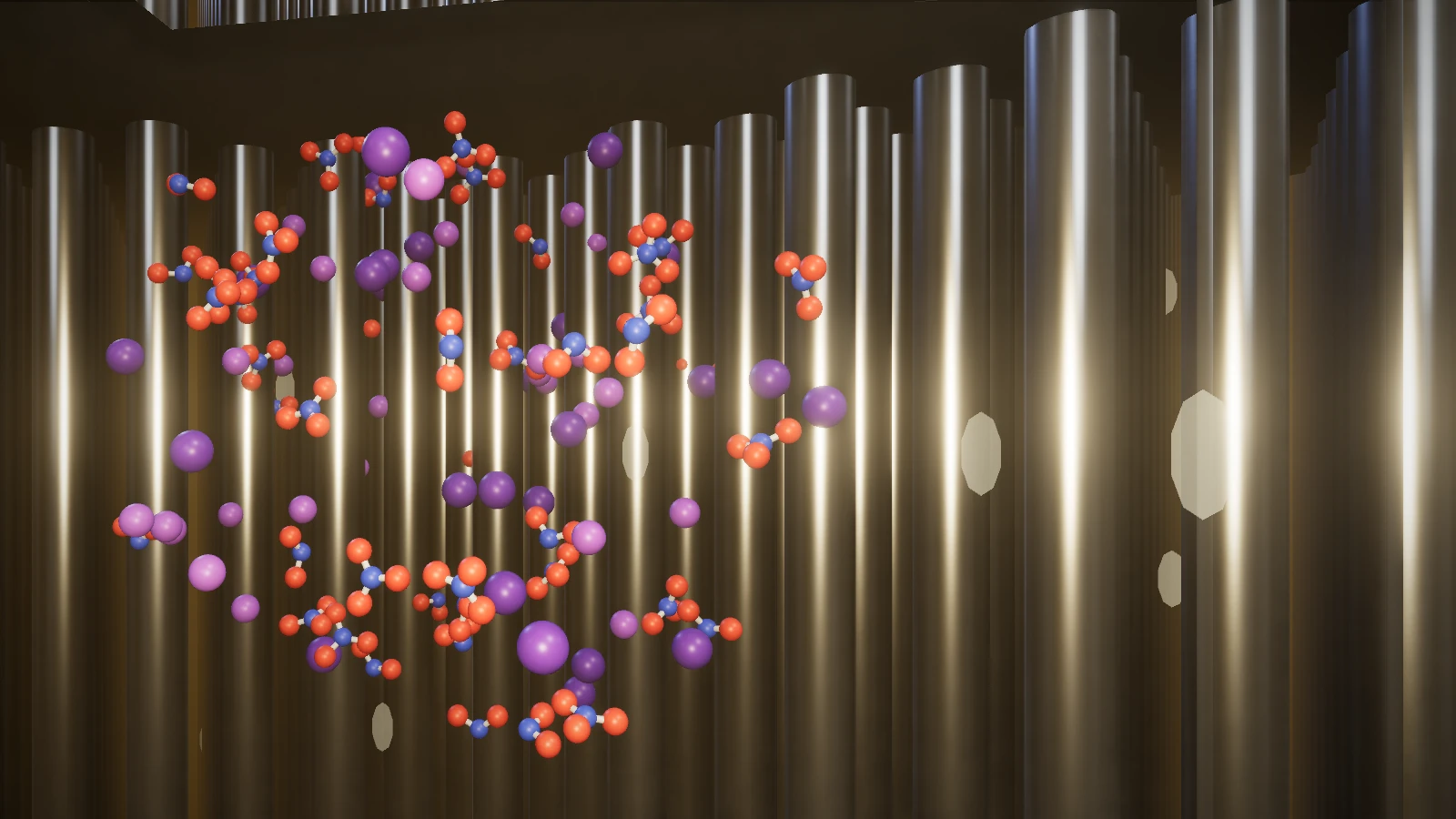 Rendered molecular view of molten nitrate/nitrite salt: sodium and potassium ions among nitrite and nitrate ions.