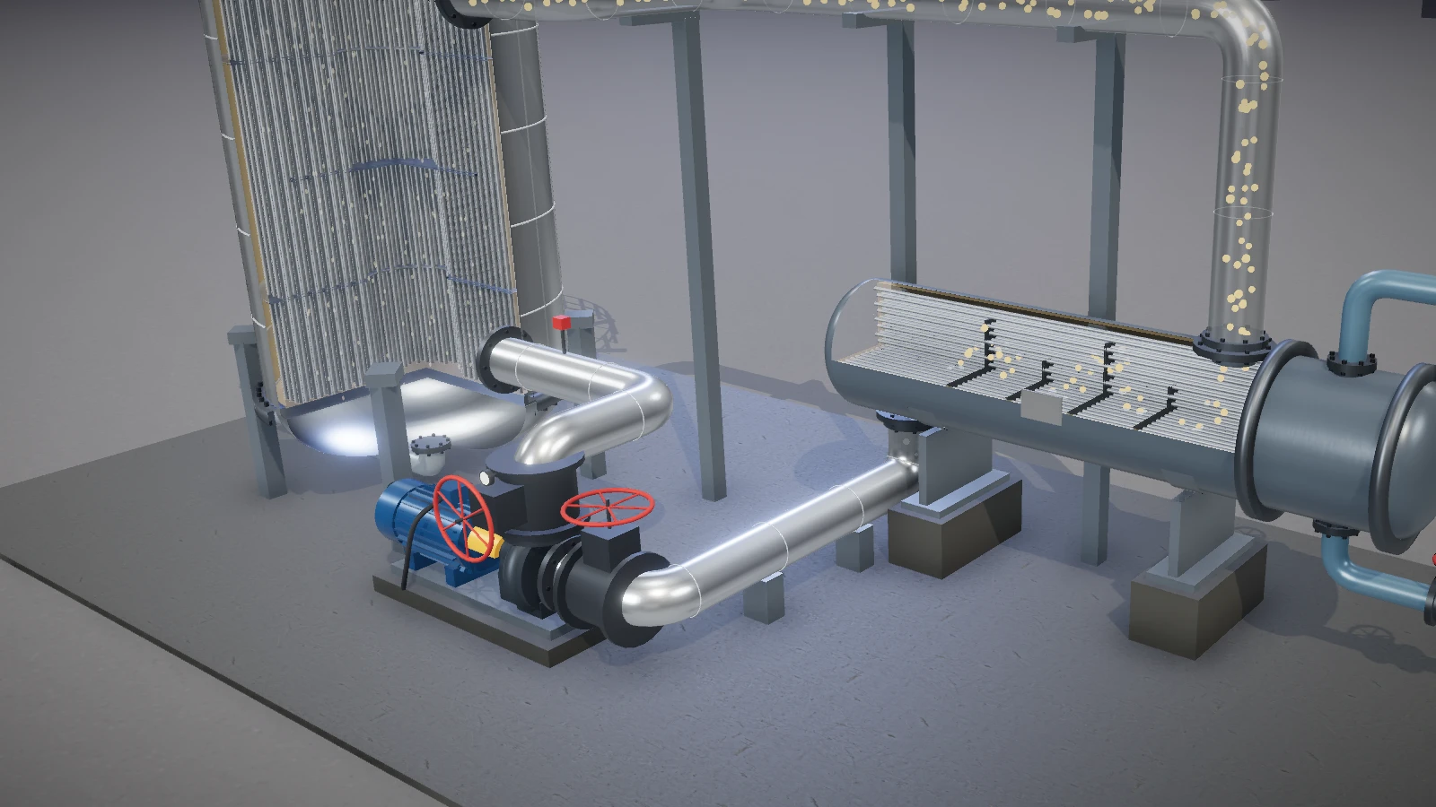 Rendered salt loop with a horizontal heat exchanger cut away to show its tube bundle, and the circulation pump.