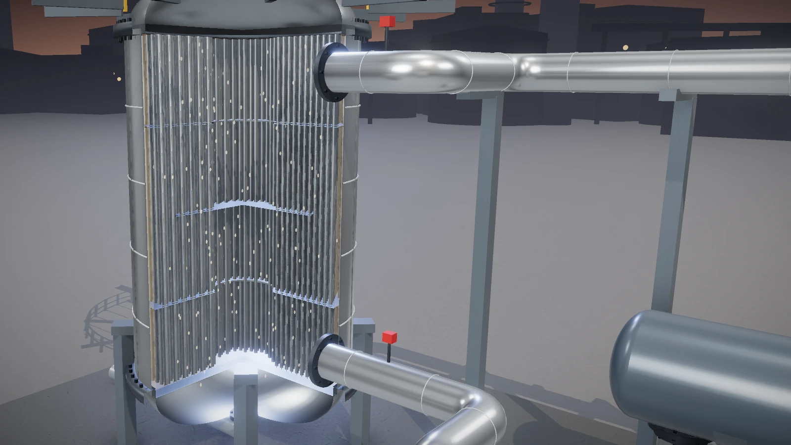 Rendered cutaway of a shell-and-tube reactor showing the tube bundle the salt flows around.